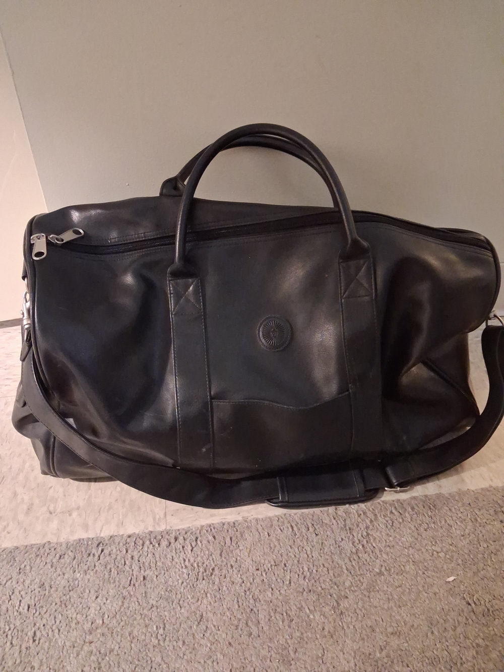 Black Leather Faux Duffel Bag with Shoulder Strap Unisex